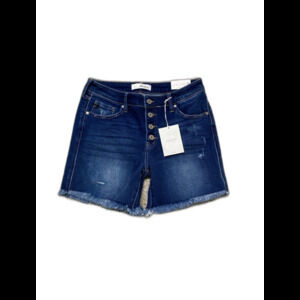 29 Kancan Midrise Exposed Button Fly Distressed Dark Wash Raw Fray Hem Shorts
